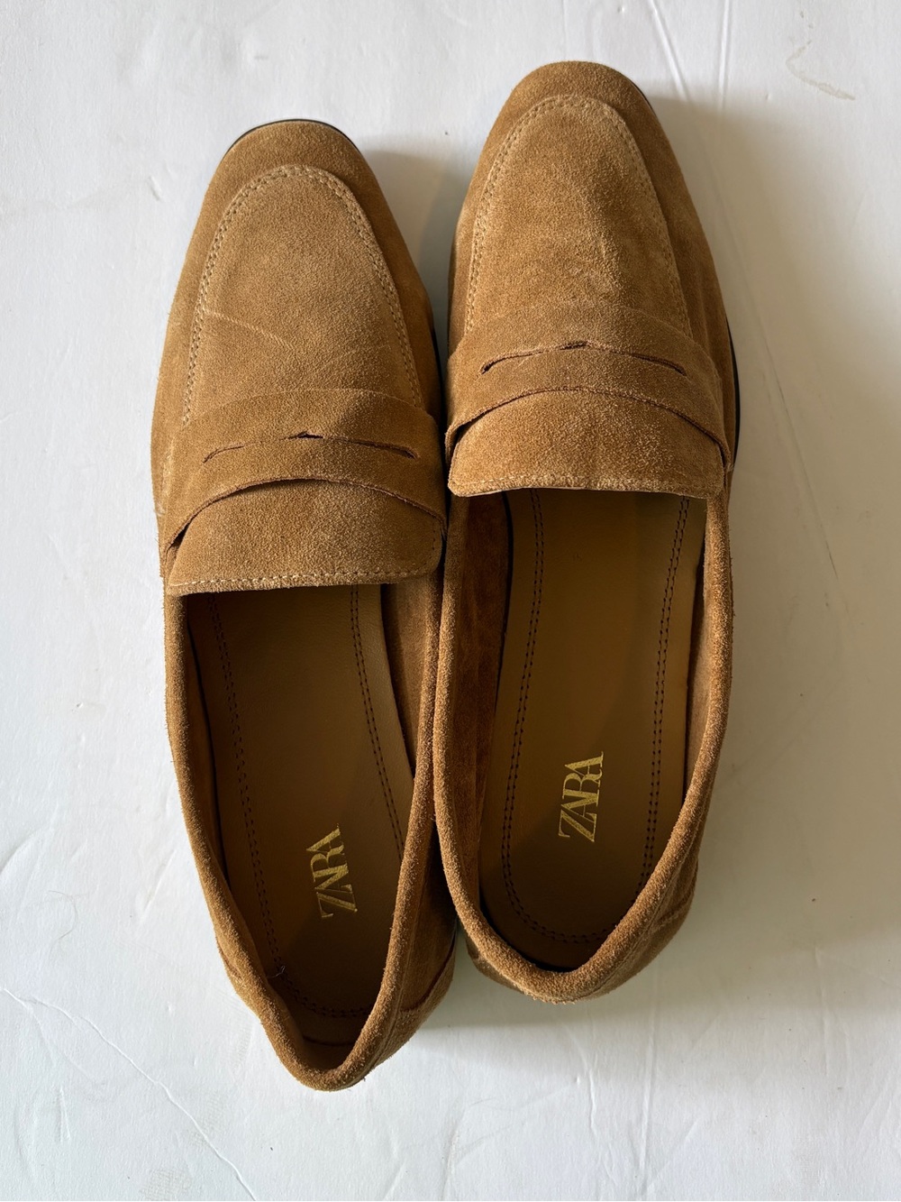 Zara Tan Brown Soft Suede Penny Loafers Size 40/ 9 Round toe Fall Autumn Earthy - Picture 3 of 8